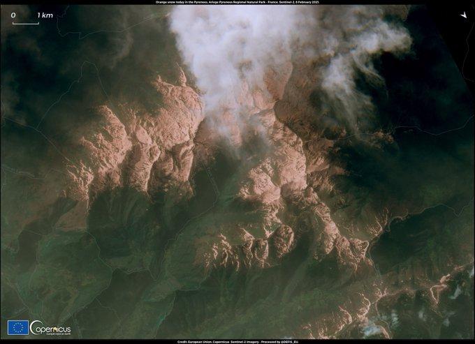 EU Sentinel2 image of the Pyrénées, covered in sand 8.2.2021