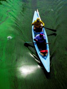Two people are paddling a canoe in the water.