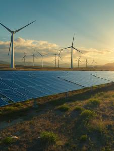 Solar panels and wind turbines generating renewable energy at sunset.