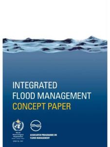 Cover of the "integrated flood management concept paper" featuring water imagery at the top, published by wmo and associated programme on flood management.