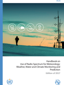 Cover of the 2017 edition handbook titled "Use of Radio Spectrum for Meteorology: Weather, Water, and Climate Monitoring and Prediction" featuring a silhouette of a person and meteorological equipment against a sunset.