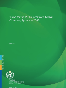 Cover of the 2019 edition of "Vision for the WMO Integrated Global Observing System in 2040" by the World Meteorological Organization. Green background with white text and WMO logo.