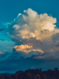 A large, billowing cloud in a blue sky over a landscape with dark treetops at the bottom.