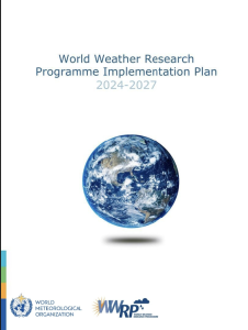 Cover page of the World Weather Research Programme Implementation Plan 2024-2027, featuring an image of Earth and logos of the World Meteorological Organization and WWRP.