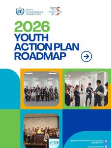 2026 Youth Action Plan Roadmap cover featuring the World Meteorological Organization logo, title text, and photos of youth participating in meetings and presentations.