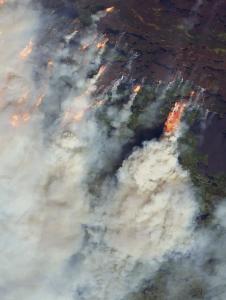 A large wildfire burns through a forested area, producing thick plumes of smoke and visible flames, as seen from an aerial or satellite perspective.