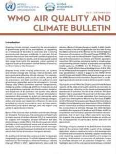 Cover page of the WMO Air Quality and Climate Bulletin, September 2024, featuring introduction text on climate change impacts and organizational logos at the top.
