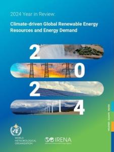 Report cover showing “2024 Year in Review” with images of hydro, grid, solar, and wind energy, logos of World Meteorological Organization and IRENA, and the title about climate-driven renewable energy.