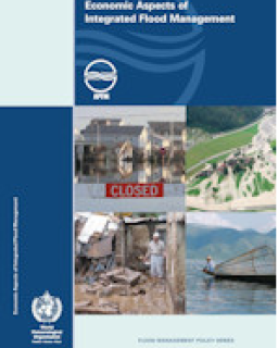 Cover of a publication titled "economic aspects of integrated flood management," featuring three images: urban flooding, a closed shop due to flood, and a person fishing in a river.