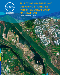 Aerial view of a river flowing through urban and rural areas with the cover text "designing strategies for integrated flood management, april 2017" by esquire paradigm, world bank group.