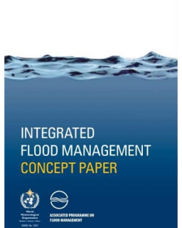 Cover of the "integrated flood management concept paper" featuring water imagery at the top, published by wmo and associated programme on flood management.
