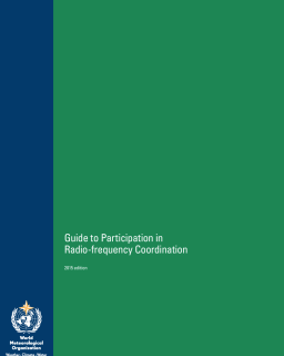 Cover of the "Guide to Participation in Radio-frequency Coordination, 2015 edition" with the World Meteorological Organization logo on a dark blue vertical stripe on the left.