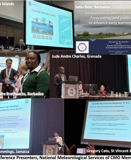 Presenters speaking and presenting at a conference. Displayed slides contain images and text related to meteorological topics.