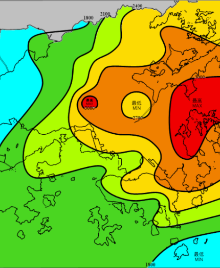 Color-coded contour map illustrating varying levels of data, with red indicating the highest and green the lowest, covering regions including parts of a coastal area. Labels are in a non-English script.
