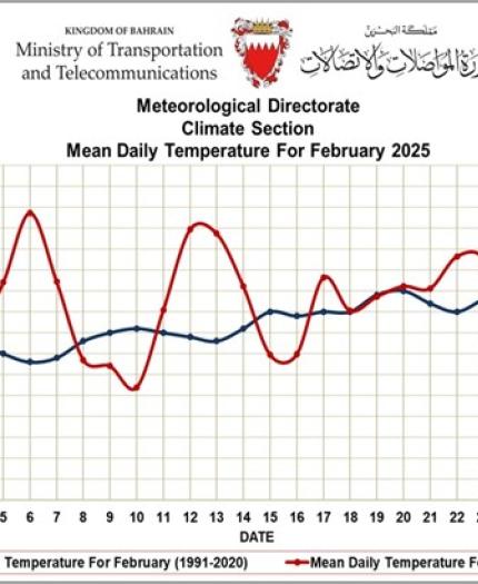 Line graph showing mean daily temperatures for February 2025 and 1991-2020 in Bahrain. Temperatures fluctuate around 18-21°C, with a notable drop on the 28th in 2025.