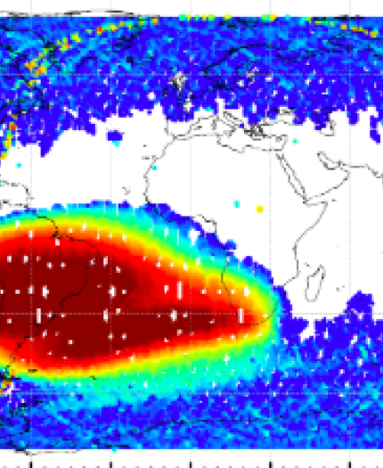 Map of space weather, showing red activity surrounded by blue and white