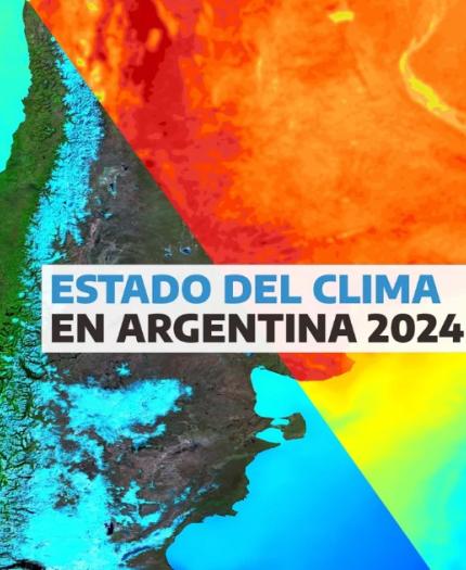 A map of Argentina with contrasting blue and orange color gradients and the text "Estado del clima en Argentina 2024" in the center.