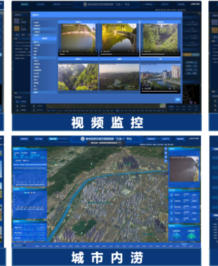 Screenshot grid of six different blue-themed control and analysis interfaces with Chinese text, displaying maps, charts, live video feeds, and data visualization dashboards.