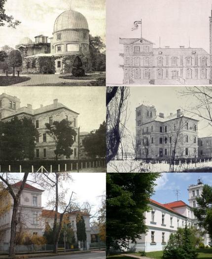 A collage of six images shows historical and modern views, in both drawings and photographs, of two different observatory buildings with domes and towers, surrounded by trees.