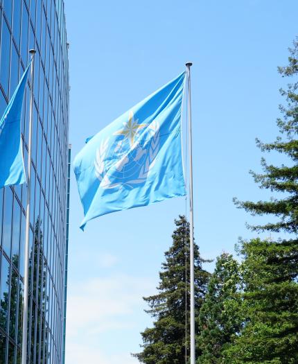 Two blue World Meteorological Organization flags flying outside a glass building, with tall evergreen trees and a clear blue sky in the background.