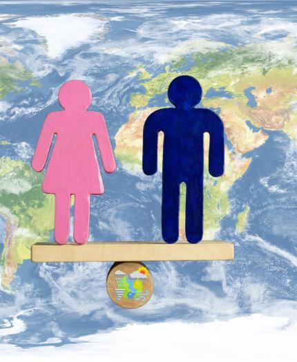 Pink female and blue male symbols stand balanced on a wooden plank over a globe, with a world map background, representing gender equality worldwide.