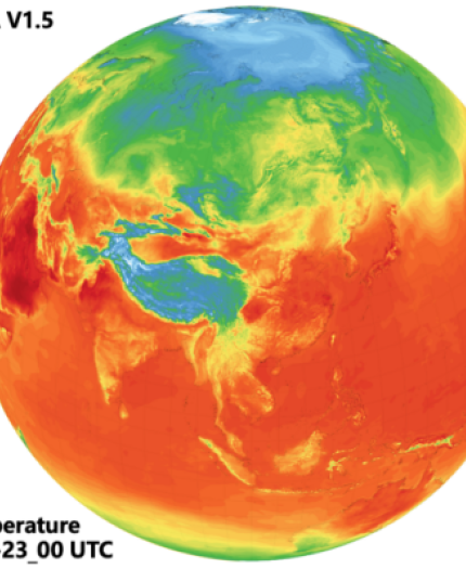 Global map showing 2-meter temperature distribution for August 23, 2024, with warmer regions in red and cooler areas in blue and green.