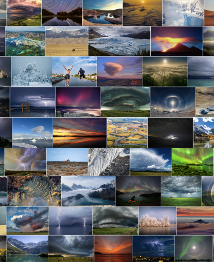 A collage of diverse landscape and weather phenomena, including storms, mountains, auroras, deserts, glaciers, and sunsets in various natural environments.