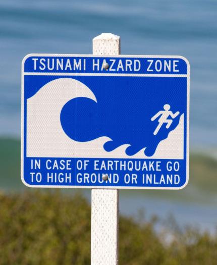 Blue and white sign reads "Tsunami Hazard Zone" and instructs to go to high ground or inland in case of earthquake, with wave and person graphic. Ocean is visible in the background.