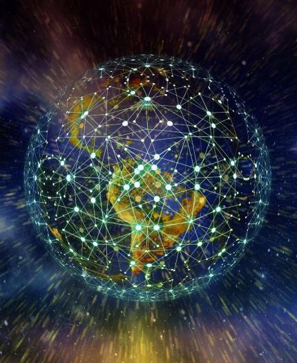 A digital illustration of Earth surrounded by interconnected lines and nodes, representing global communication or a network, with a space-themed background.