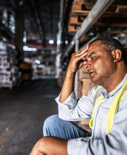 A man in a high-visibility vest sits in a warehouse aisle, resting his head on his hand and appearing stressed or tired.