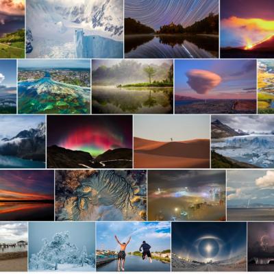 A collage of 30 photographs displaying diverse natural phenomena, including storms, auroras, glaciers, volcanic eruptions, and unique cloud formations in various landscapes.