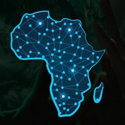 A digital map of Africa with interconnected blue nodes and lines, symbolizing a network or connectivity across the continent.
