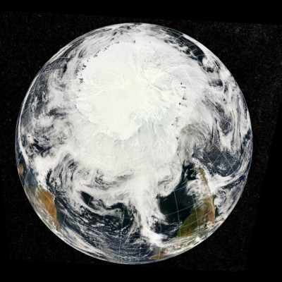 A satellite view of Earth focused on the South Pole, showing Antarctica covered in ice and clouds swirling over the Southern Hemisphere.