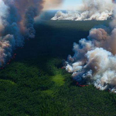 Aerial view of a large forest fire with thick smoke and flames spreading through dense green trees.