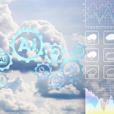 Cloudy sky background with digital gears labeled "AI" and weather icons, graphs, and data charts overlayed, representing artificial intelligence in weather forecasting.