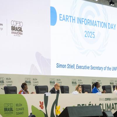 Panelists sit on stage at the COP30 Belém Climate Summit, with a large screen displaying "Earth Information Day 2025" and the name Simon Stiell, Executive Secretary of the UNFCCC.