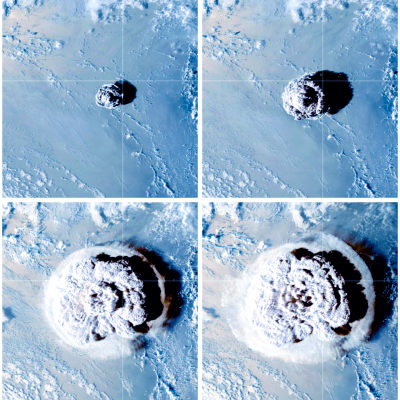 A sequence of eight satellite images shows the progression of a large volcanic eruption plume rising and expanding over the ocean.
