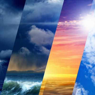 A split image showing different weather conditions: lightning storm, rain, cloudy sky, sunset, sunny sky, and partly cloudy sky above the sea.