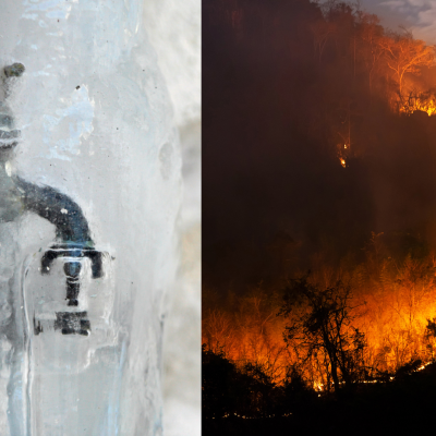 Split image: On the left, a water faucet is frozen in ice; on the right, a wildfire spreads across a forested hillside at night.