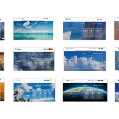 Grid of twelve weather website homepages, each displaying forecast information and various background images of skies, landscapes, or satellite views.