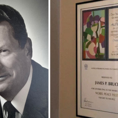 A black-and-white portrait of former WMO Deputy Secretary-General James Bruce ; on the right, a framed certificate for a Nobel Peace Prize is displayed on a wall.