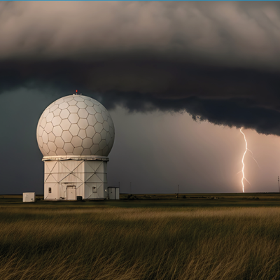 A large geodesic radar dome stands in a grassy field under dark storm clouds, with lightning striking in the background.