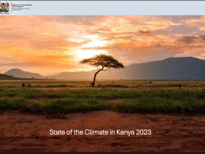A lone tree stands in a vast savanna with a sunset sky, mountains in the background. Text reads "State of the Climate in Kenya 2023.