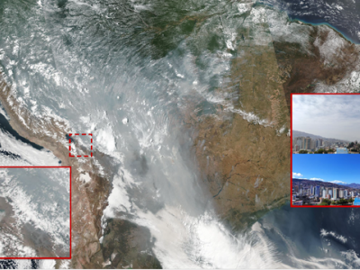 Satellite view of South America with smoke from fires. Insets show cityscapes with clear and hazy skies.