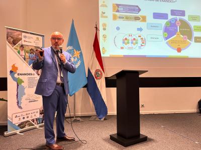 A man in a blue suit speaks into a microphone next to presentation slides, standing by the UN and Paraguayan flags at a conference.