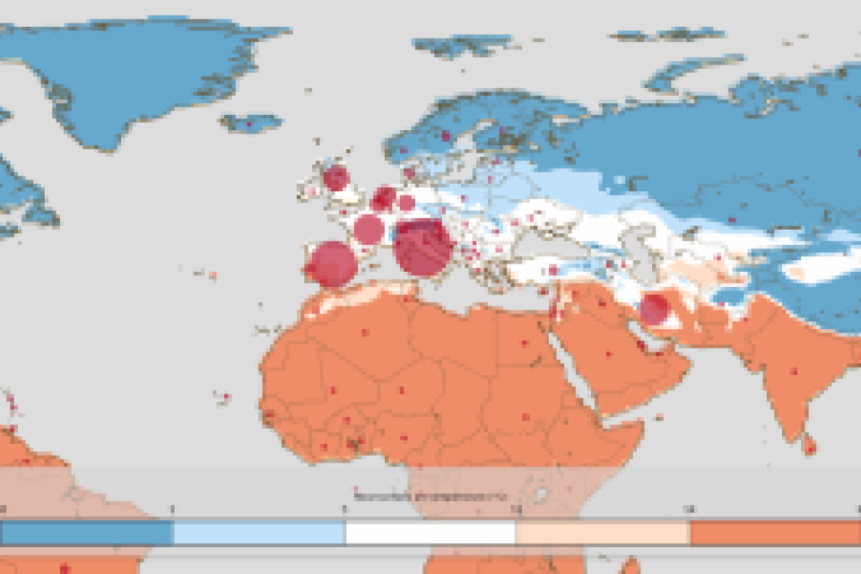 A world map shows COVID-19 deaths by region. Blue areas indicate fewer deaths, while red areas indicate more, with various red circle sizes representing death rates across continents.