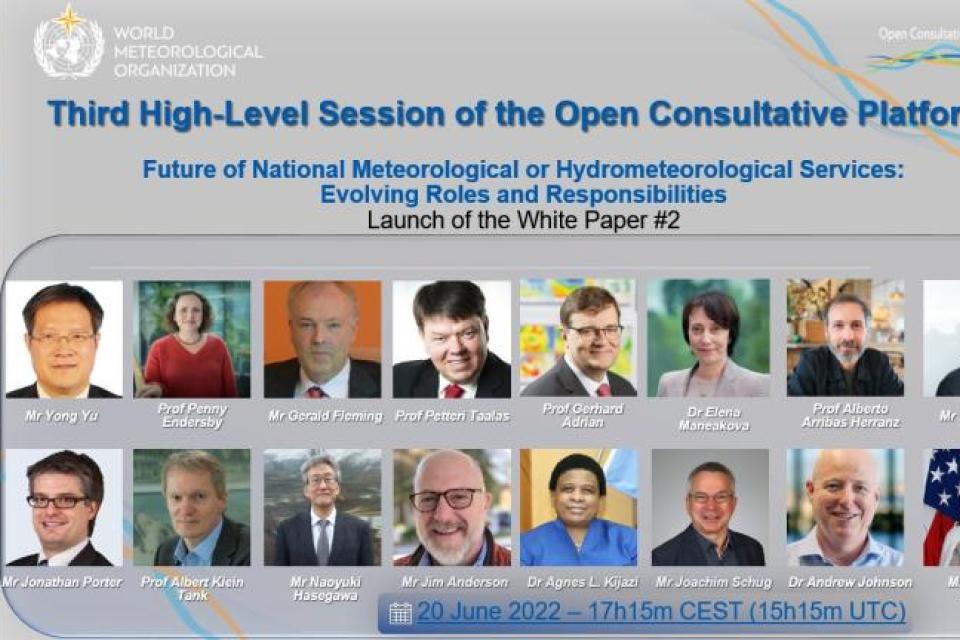 Collage of 15 individuals' headshots in a conference presentation slide for the Third High-Level Session of the Open Consultative Platform, dated 20 June 2022.