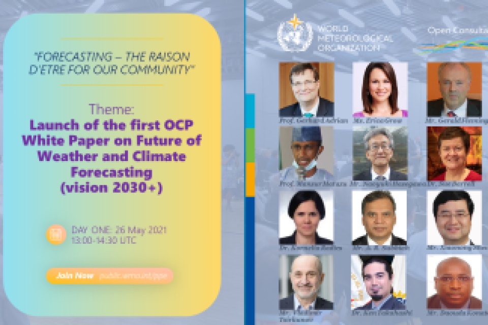 A promotional banner for the Open Consultative Platform, showcasing two sessions with multiple speakers, focused on future weather, climate forecasting, and hydrological services for 2030 and beyond.