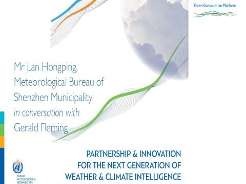 Slide featuring title text about Mr. Lan Hongping of Shenzhen Meteorological Bureau in conversation with Gerald Fleming, with weather-themed graphics and organizational logos.