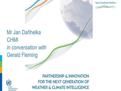 Slide featuring a conversation with Jan Daňhelka and Gerald Fleming on weather and climate intelligence, with partnership and innovation as themes.